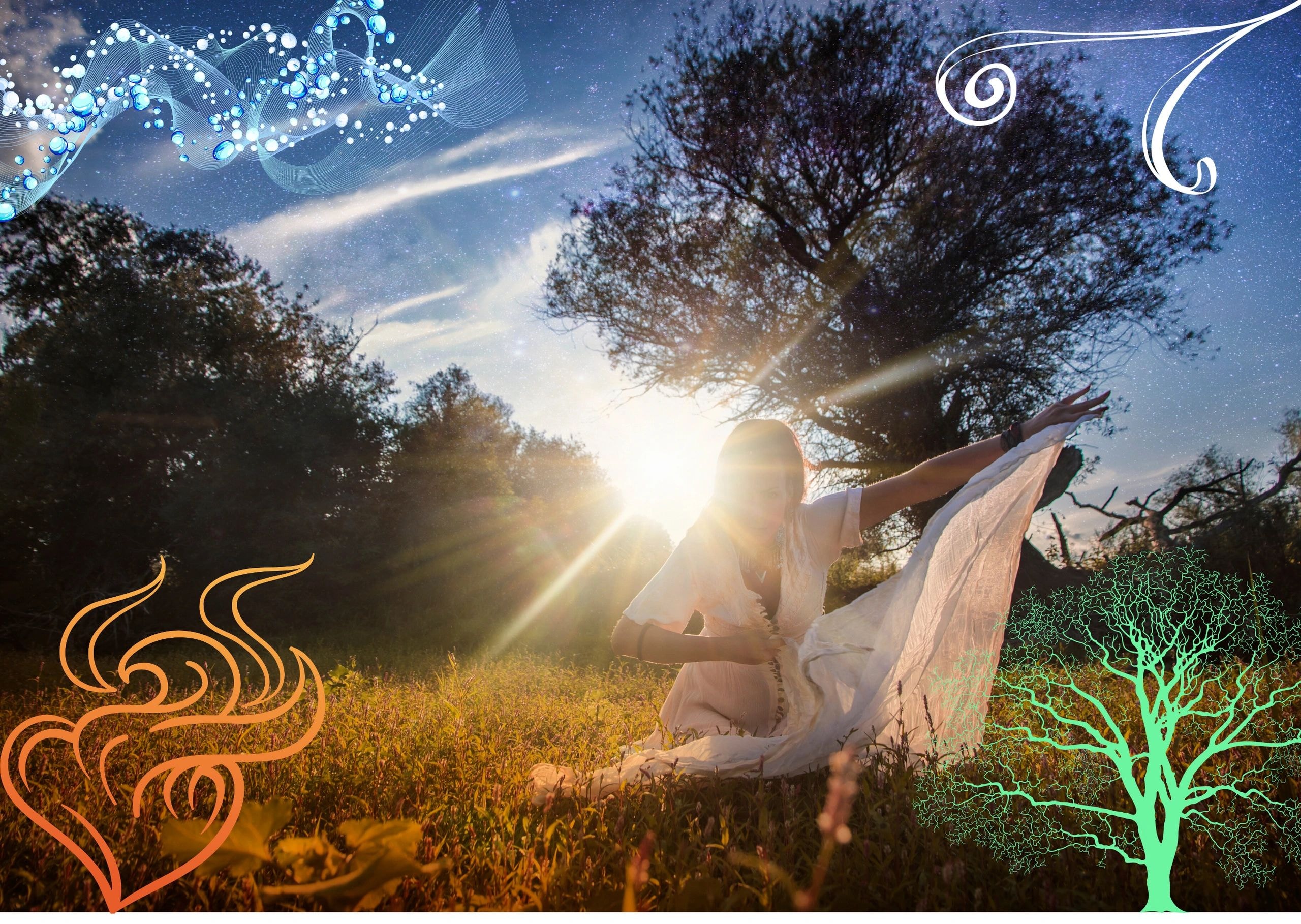 Mystical woman in sunlit field